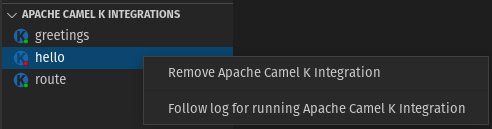 Apache Camel K Integrations view - Follow log for running integration