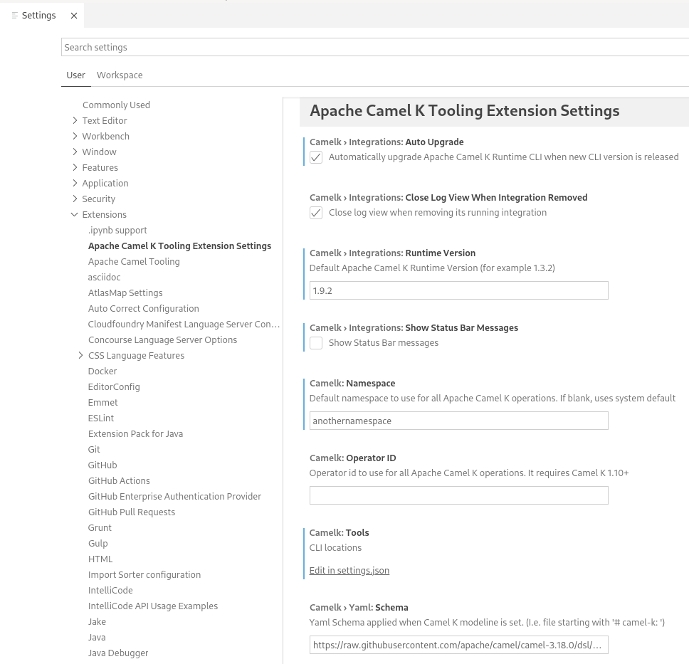 Apache Camel K Extension Settings